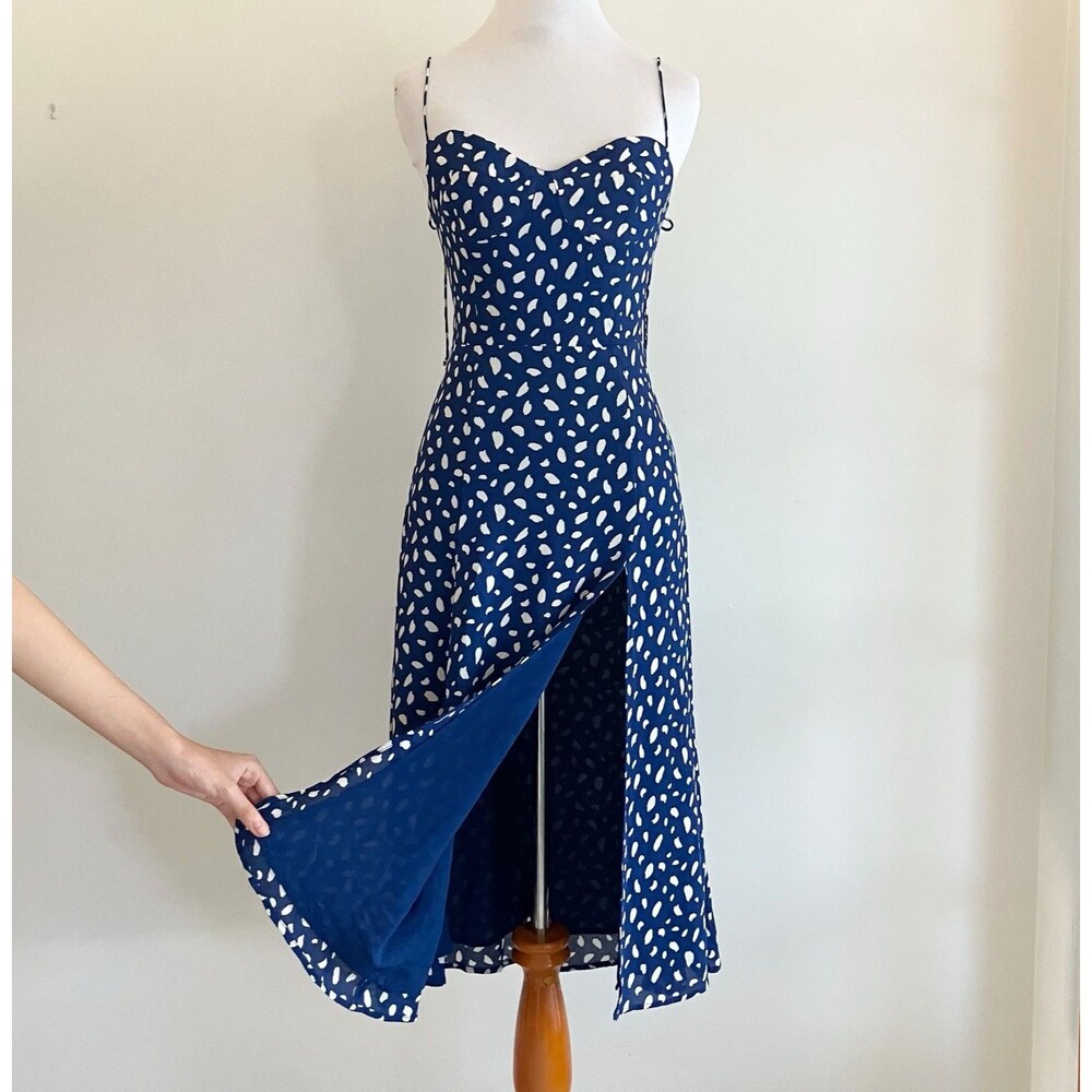 Reformation Juliette Midi Dress Moray Print Size 4 Blue White Sweetheart Slit